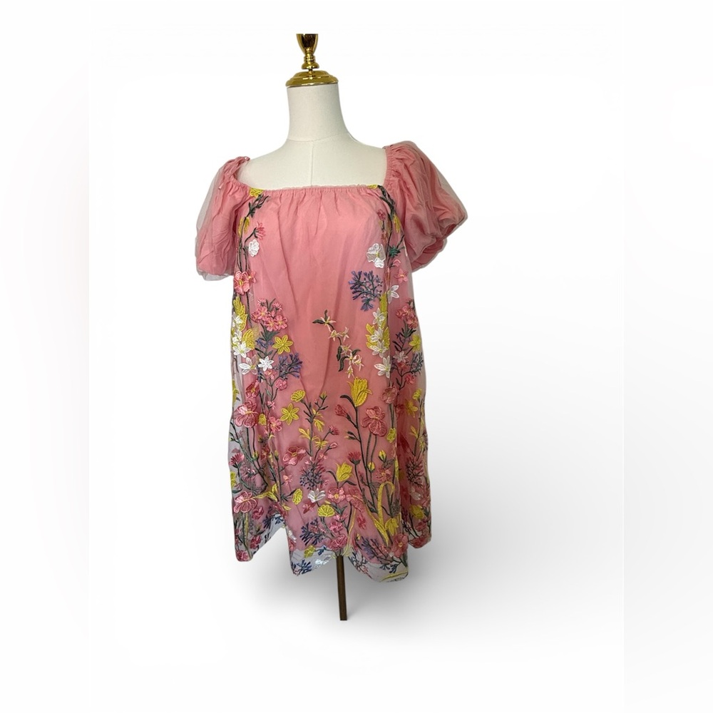 NWT GeeGee Floral Embroidered Mesh Mini Dress - Picture 2 of 6